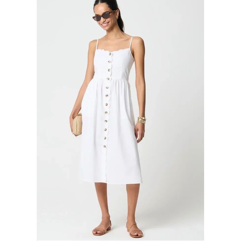 J.Crew White Scalloped Button-Front Midi Dress Cotton Sz 10 Hamptons Coastal